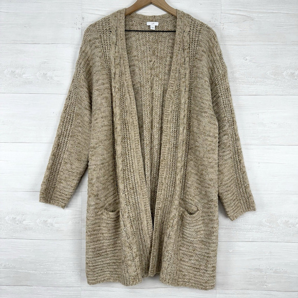 J.Jill Size M Long Cardigan Tan Open Front Cable Knit Lightweight Pockets Cotton - Picture 1 of 15